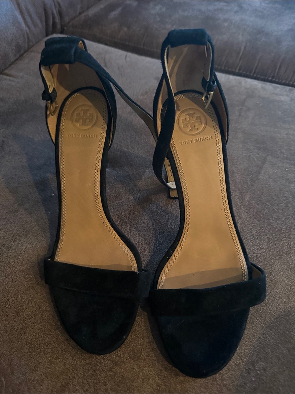 Very Pretty Good condition Tory Burch Black Suede Open-Toe Ankle Strap Heels